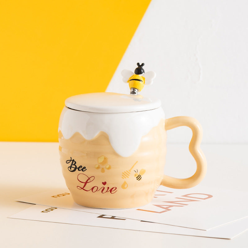 Creative Ceramic Cup With Lid Cartoon Cute Bee