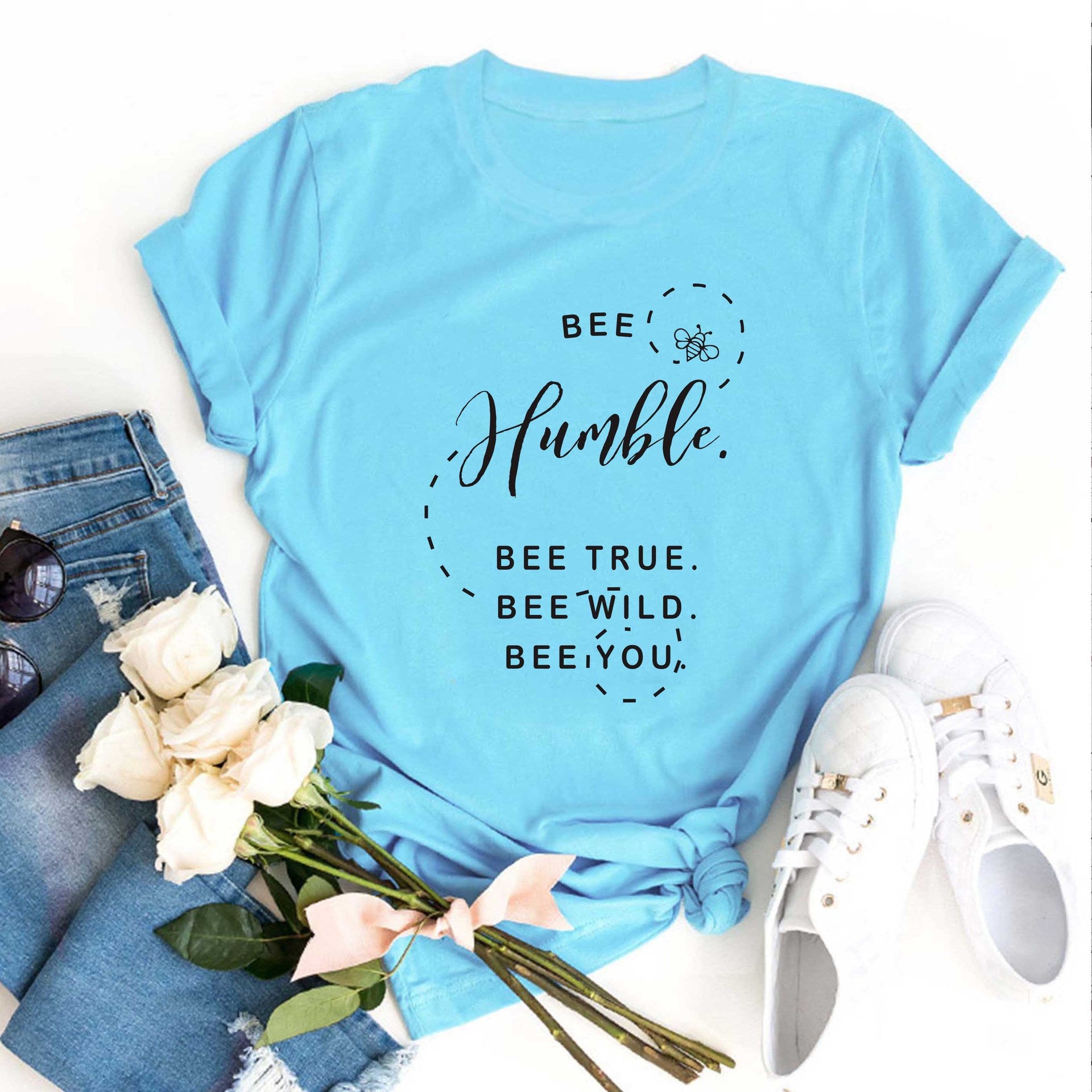 Bee print short sleeve round neck T-shirt