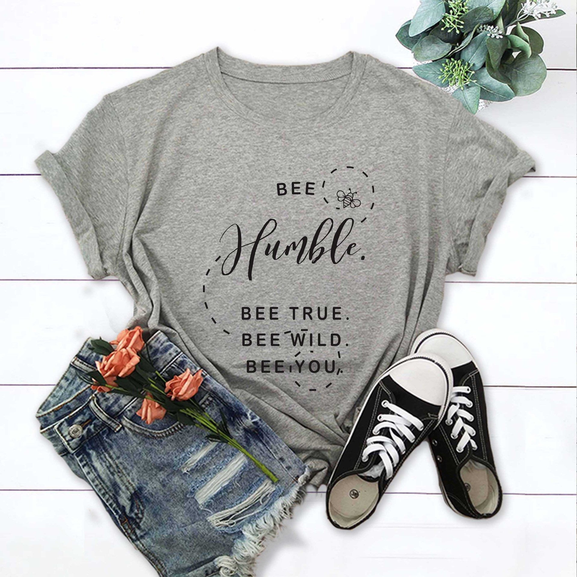 Bee print short sleeve round neck T-shirt