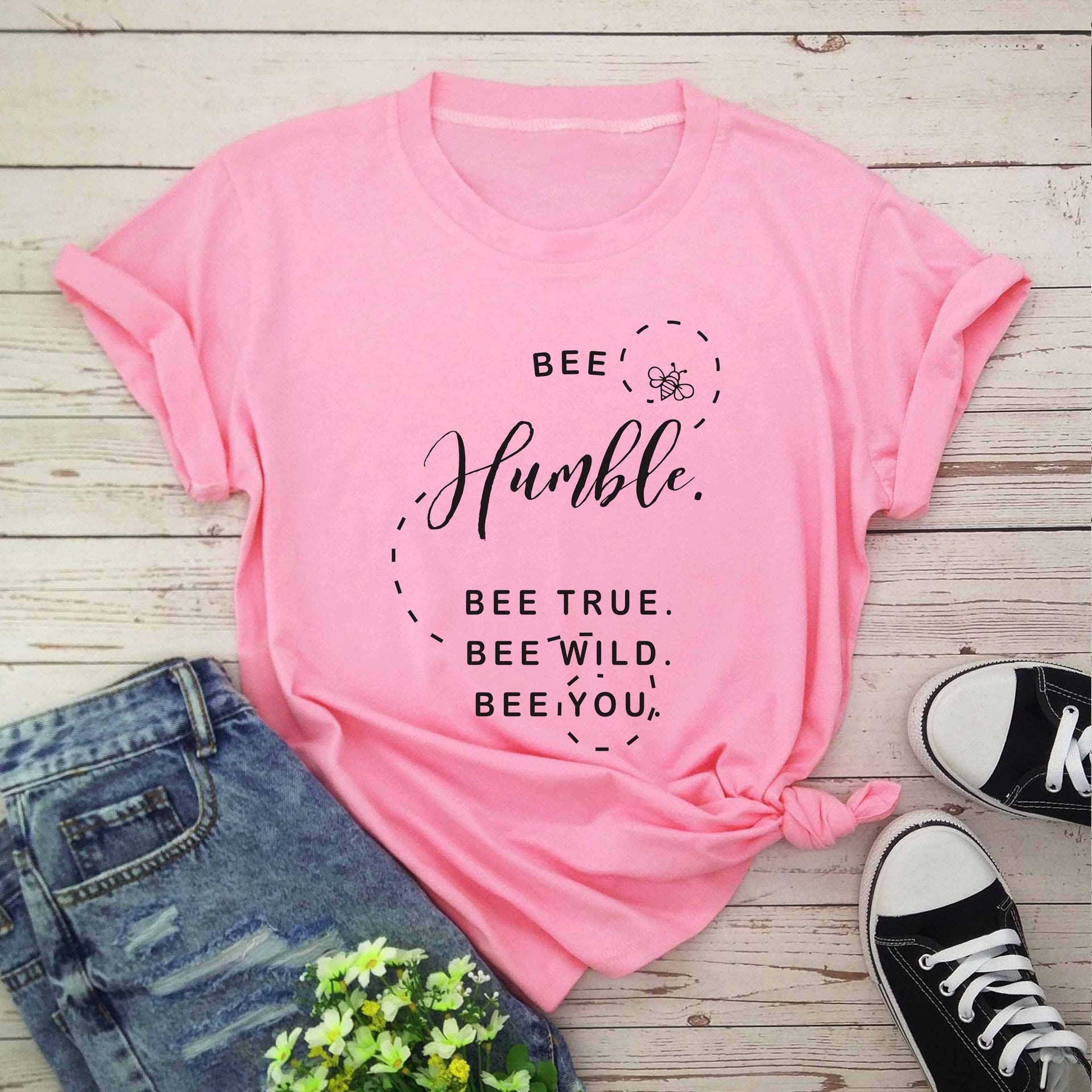 Bee print short sleeve round neck T-shirt