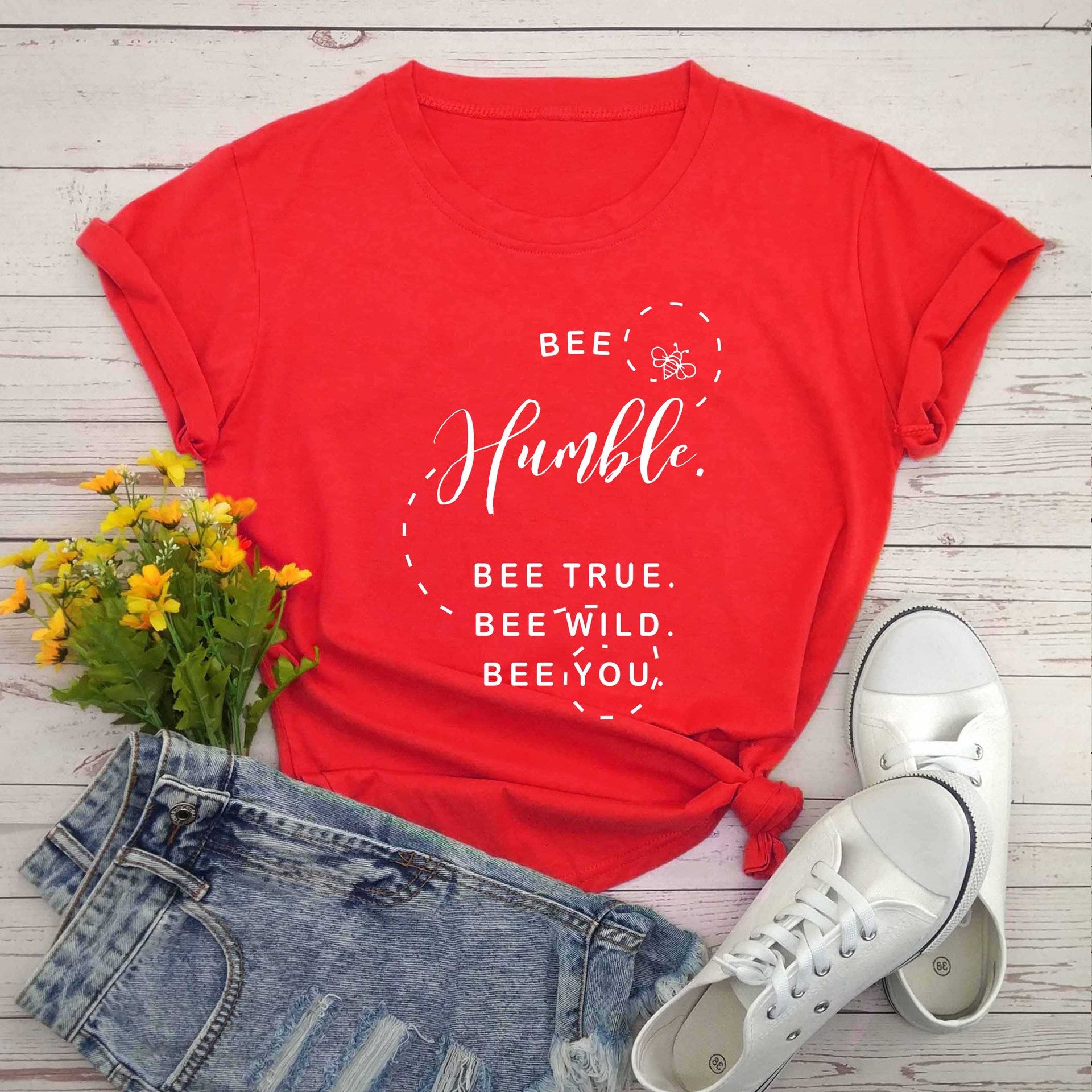Bee print short sleeve round neck T-shirt