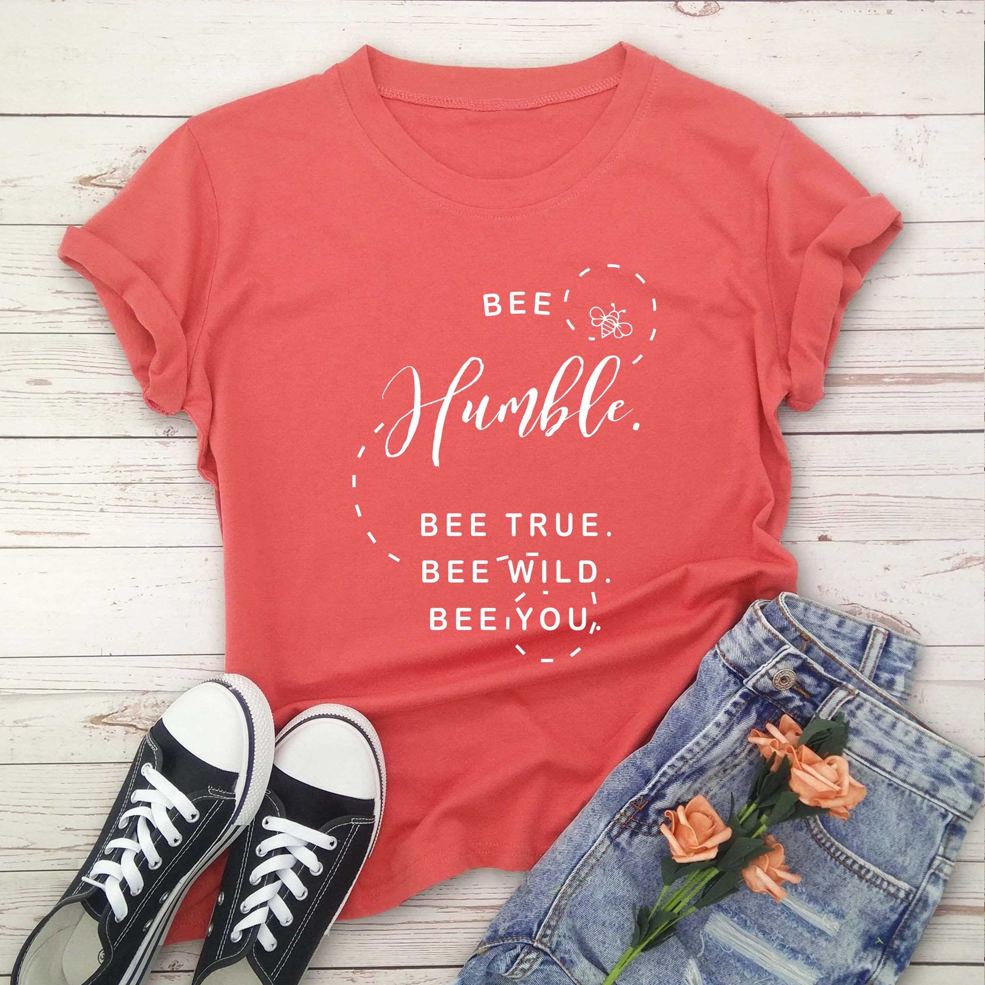 Bee print short sleeve round neck T-shirt