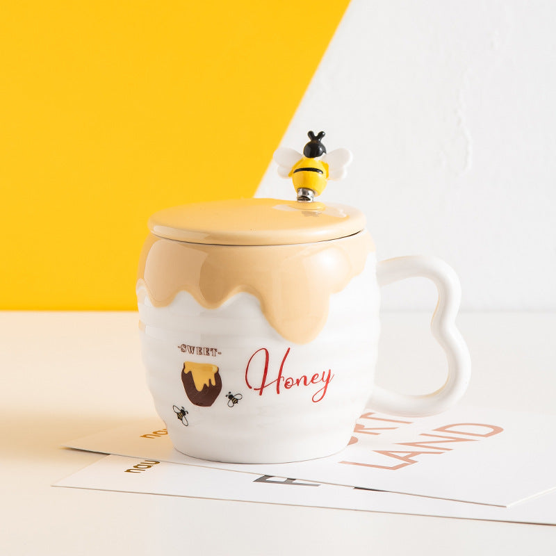 Creative Ceramic Cup With Lid Cartoon Cute Bee
