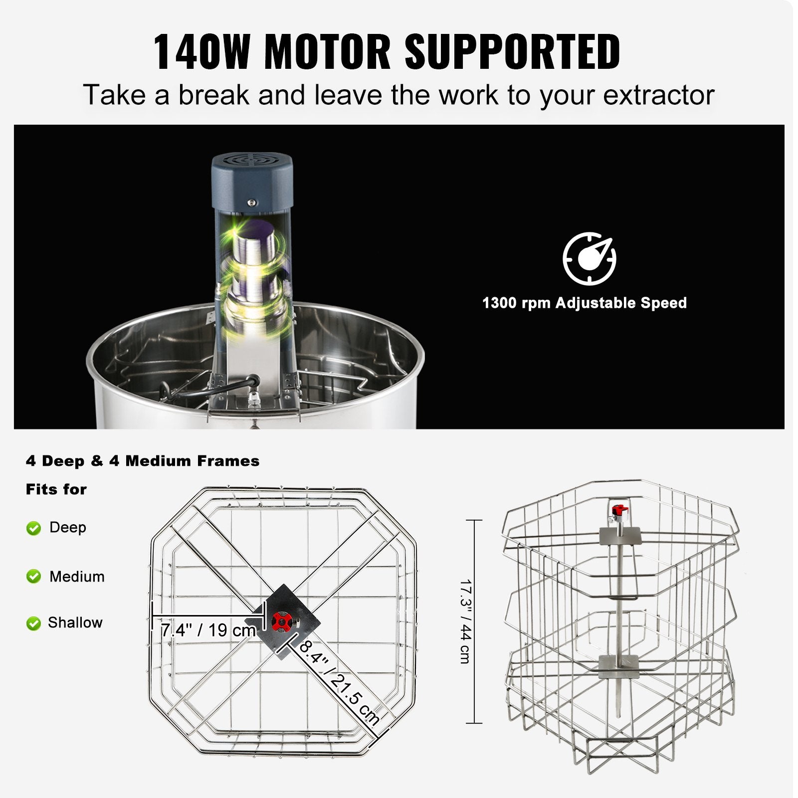 VEVOR Electric Honey Extractor,  Frames Honey Spinner Extractor, Stainless Steel Beekeeping Extraction, Apiary Centrifuge Equipment With Height Adjustable Stand, Honeycomb Drum Spinner With Lid