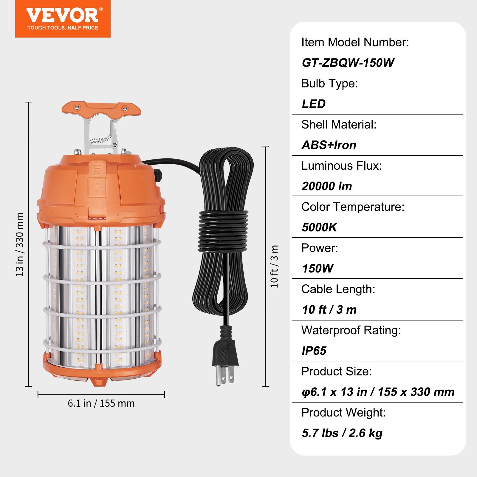 LED Temporary Work Light, 150W, 20000lm Construction Lights, 5000K Portable Super Bright & Waterproof & Connected Up To 6 Lights, Hanging Job Site Lighting For Indoor And Outdoor Lighting