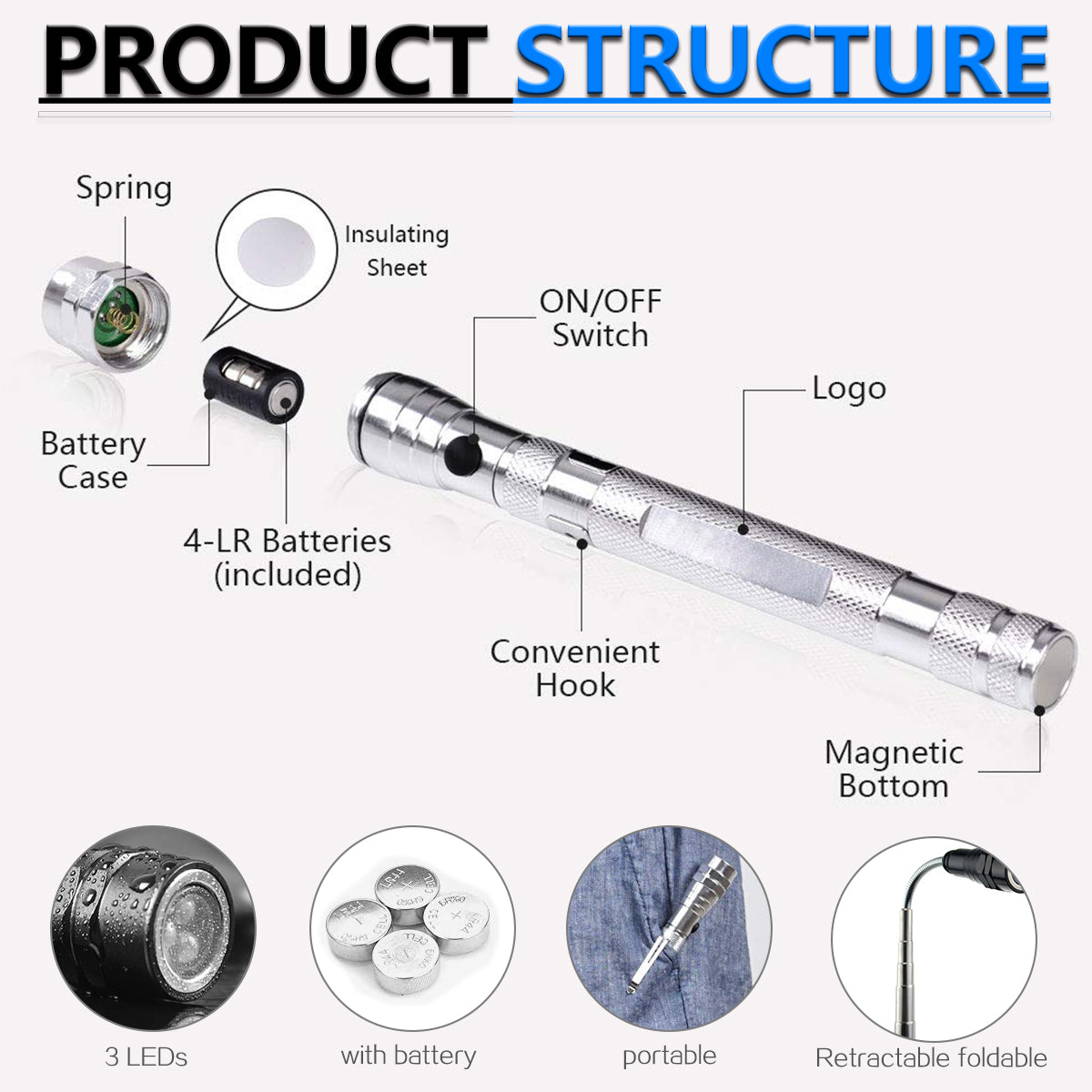 Flashlight Telescopic Rotating Aluminum Alloy LED Magnet To Pick Up Work Light
