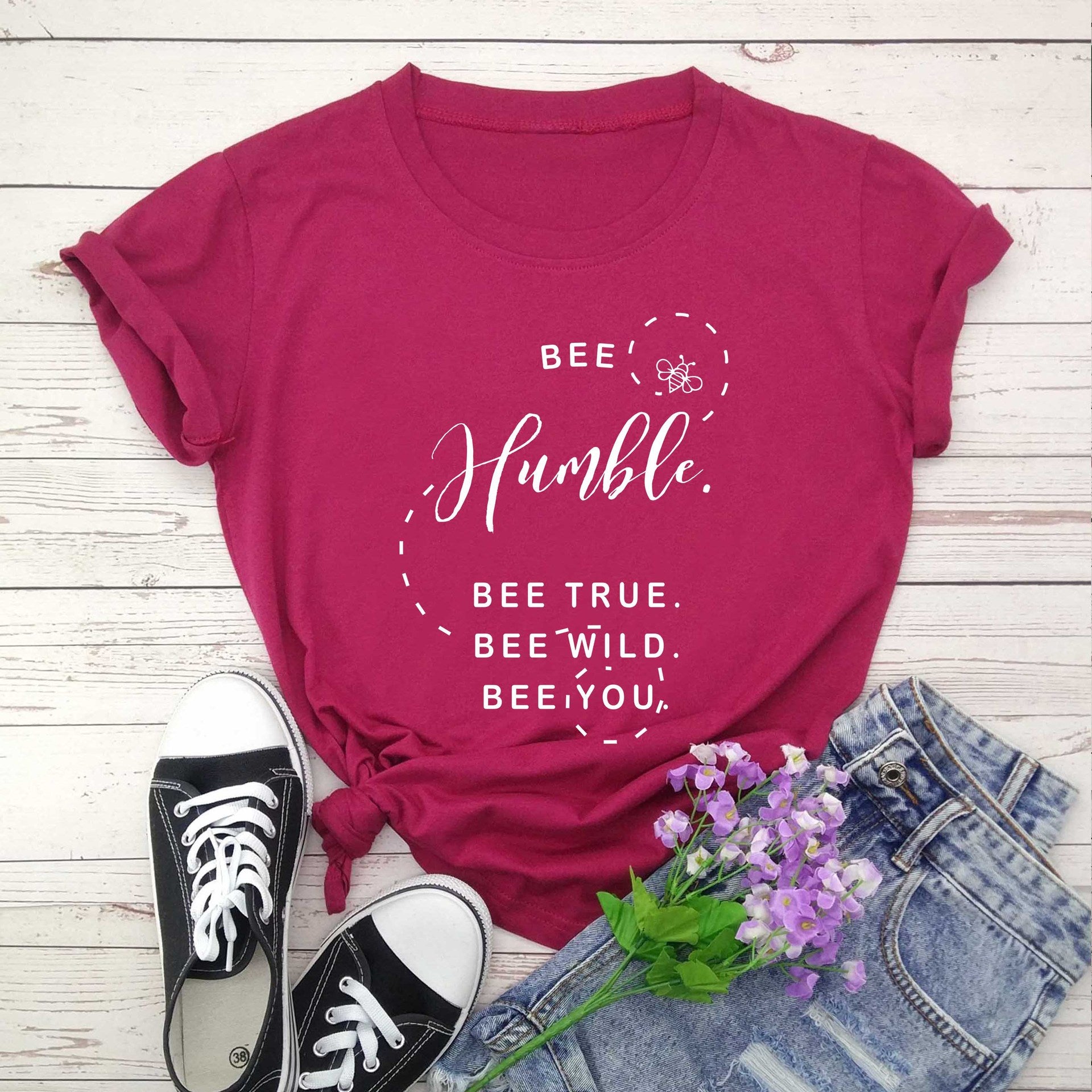 Bee print short sleeve round neck T-shirt
