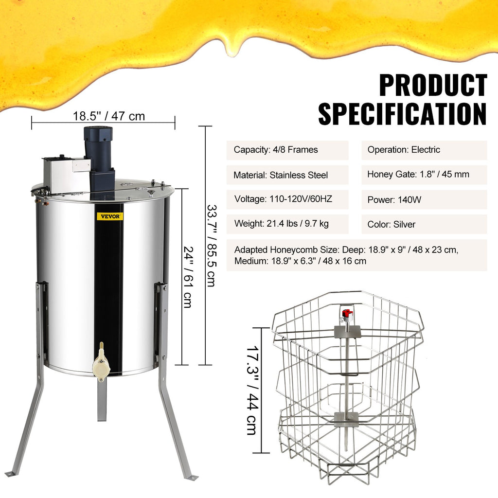 VEVOR Electric Honey Extractor,  Frames Honey Spinner Extractor, Stainless Steel Beekeeping Extraction, Apiary Centrifuge Equipment With Height Adjustable Stand, Honeycomb Drum Spinner With Lid