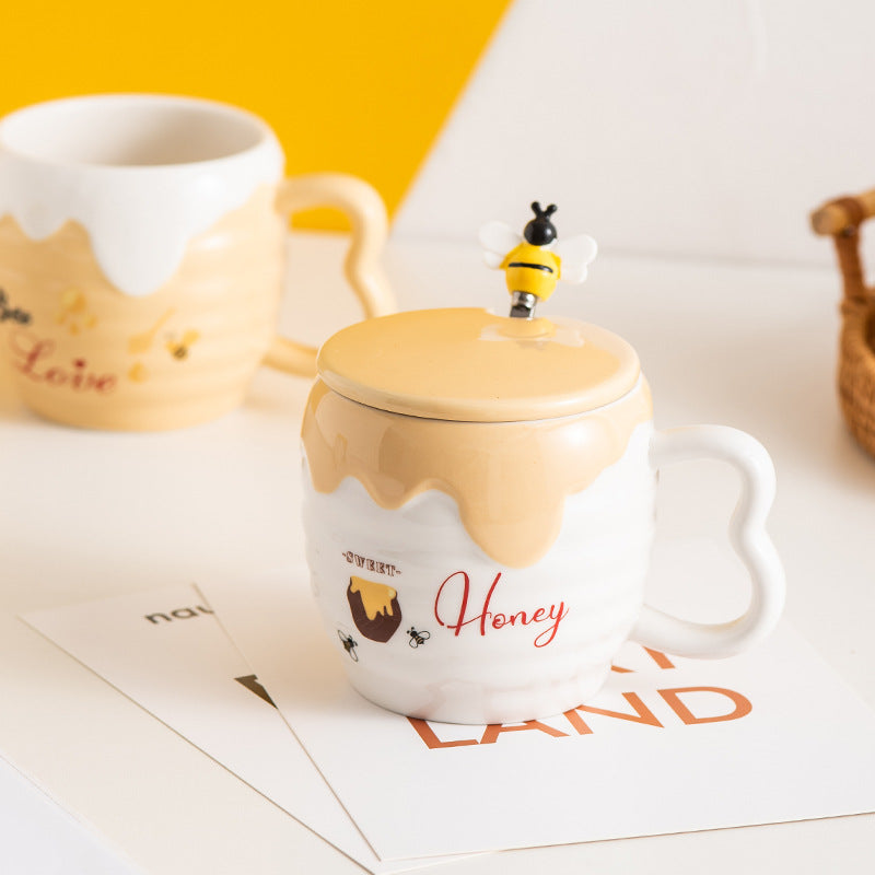 Creative Ceramic Cup With Lid Cartoon Cute Bee