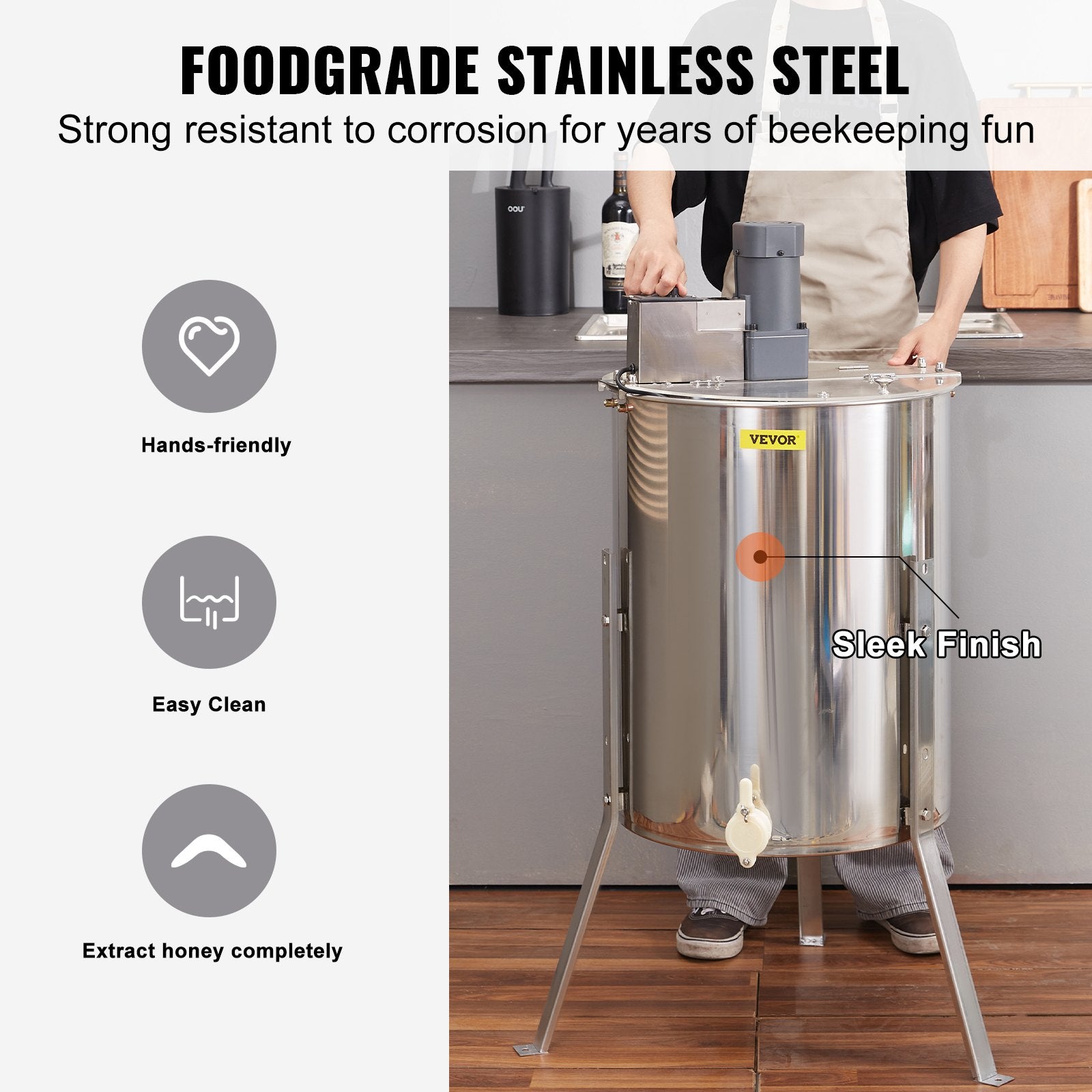 VEVOR Electric Honey Extractor,  Frames Honey Spinner Extractor, Stainless Steel Beekeeping Extraction, Apiary Centrifuge Equipment With Height Adjustable Stand, Honeycomb Drum Spinner With Lid