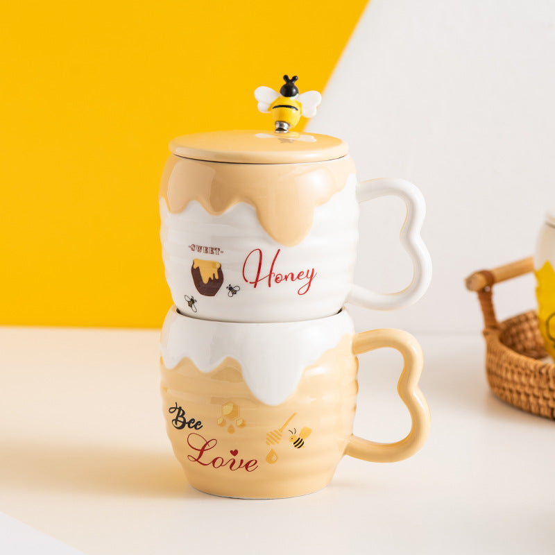 Creative Ceramic Cup With Lid Cartoon Cute Bee