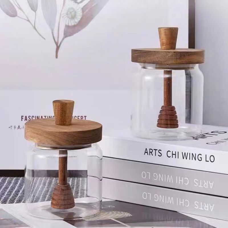 Borosilicate Glass Honey Pot Acacia Wooden Lid Storage Tank
