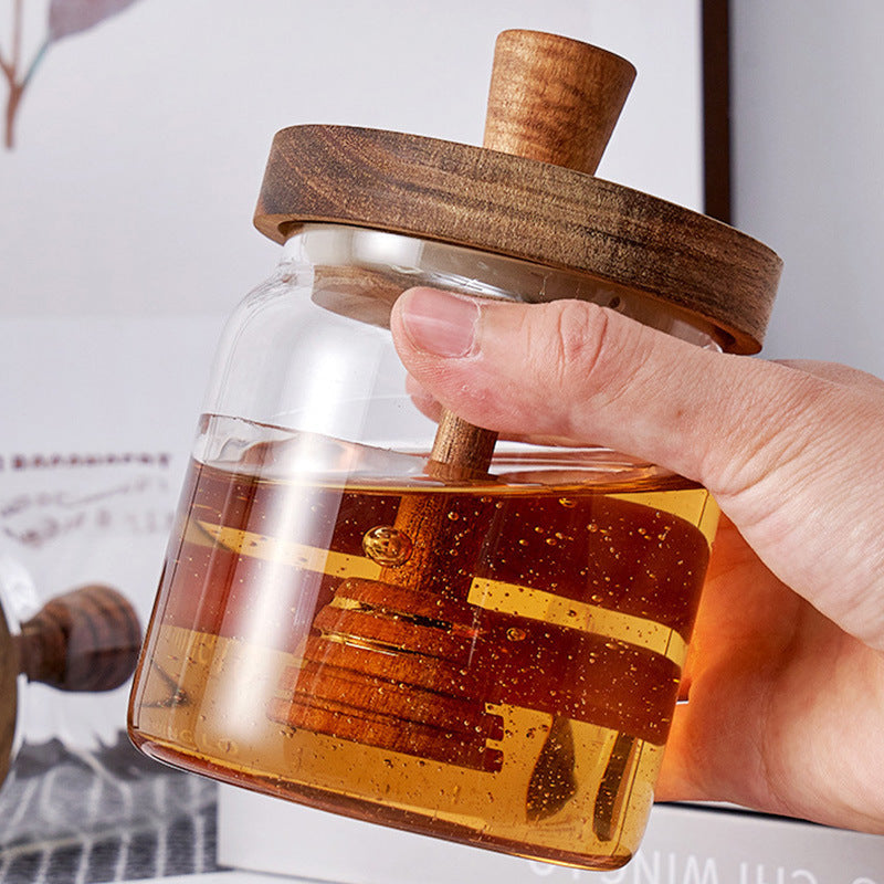 Borosilicate Glass Honey Pot Acacia Wooden Lid Storage Tank