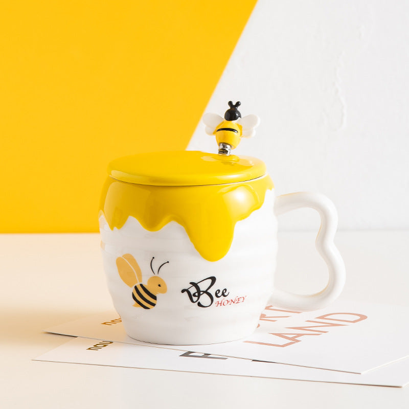 Creative Ceramic Cup With Lid Cartoon Cute Bee