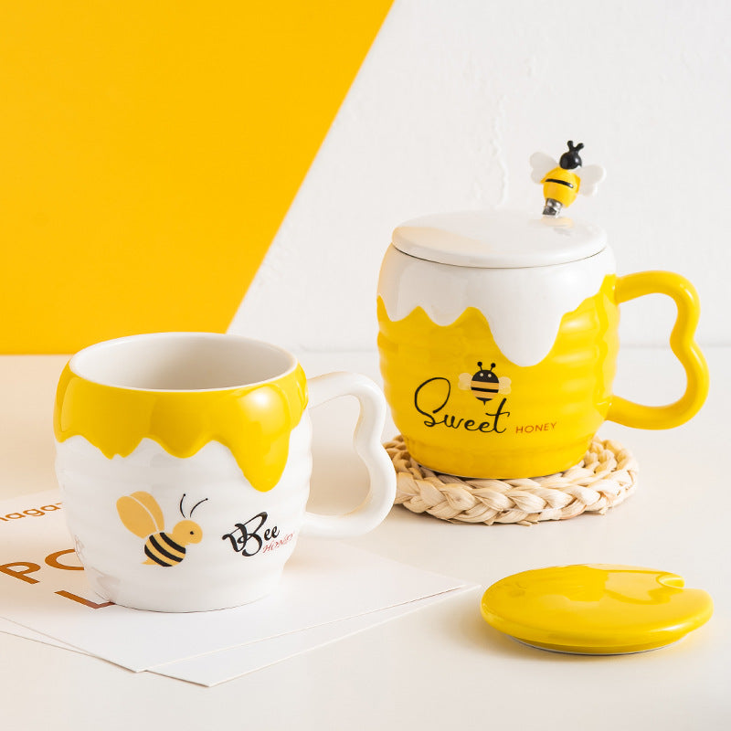 Creative Ceramic Cup With Lid Cartoon Cute Bee